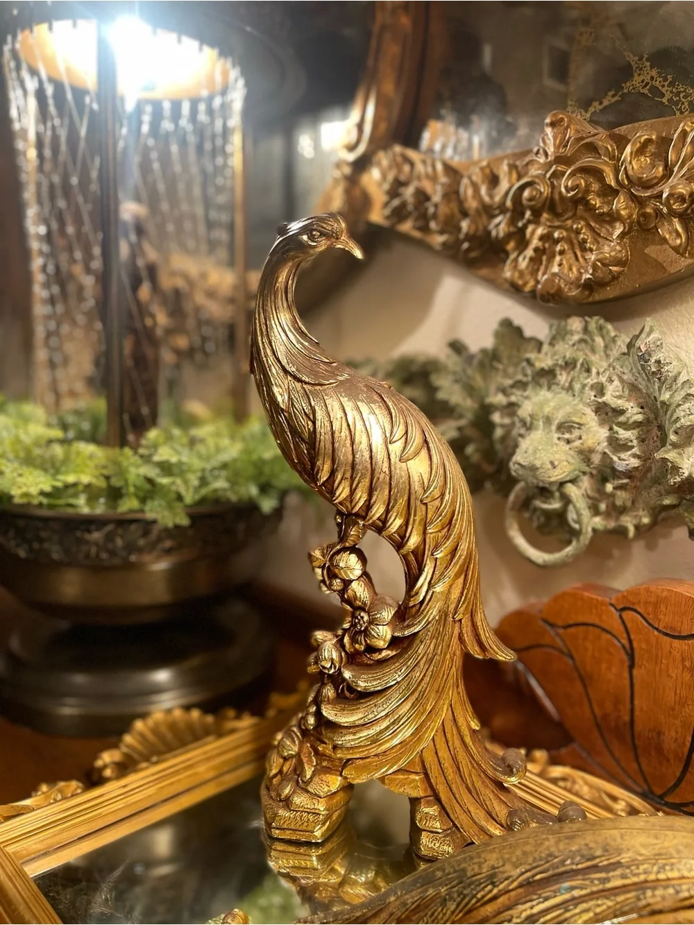 Vintage Syroco Gold Peacock Sculpture Pair